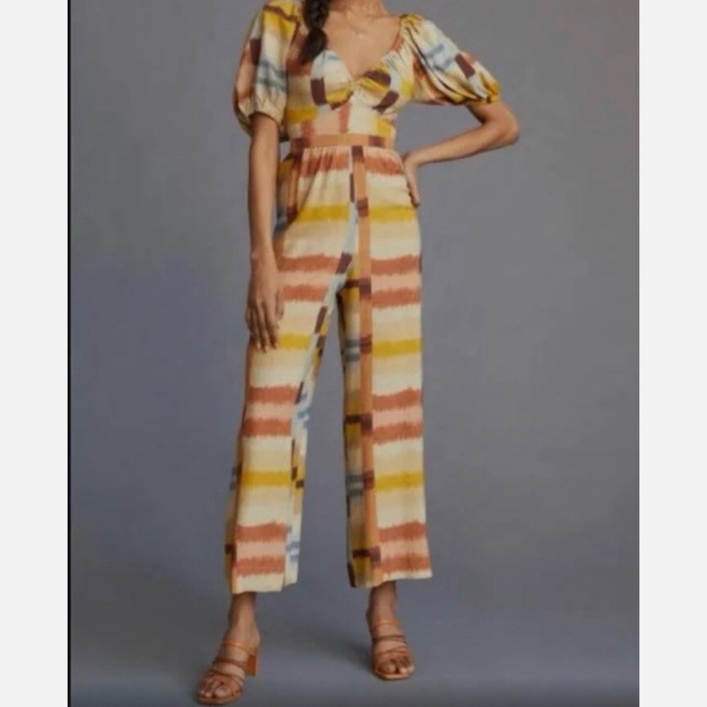 Anthropologie x Ranna Gill Tie-Back Jumpsuit XS Multicolor Puff‎ Sleeve Boho
